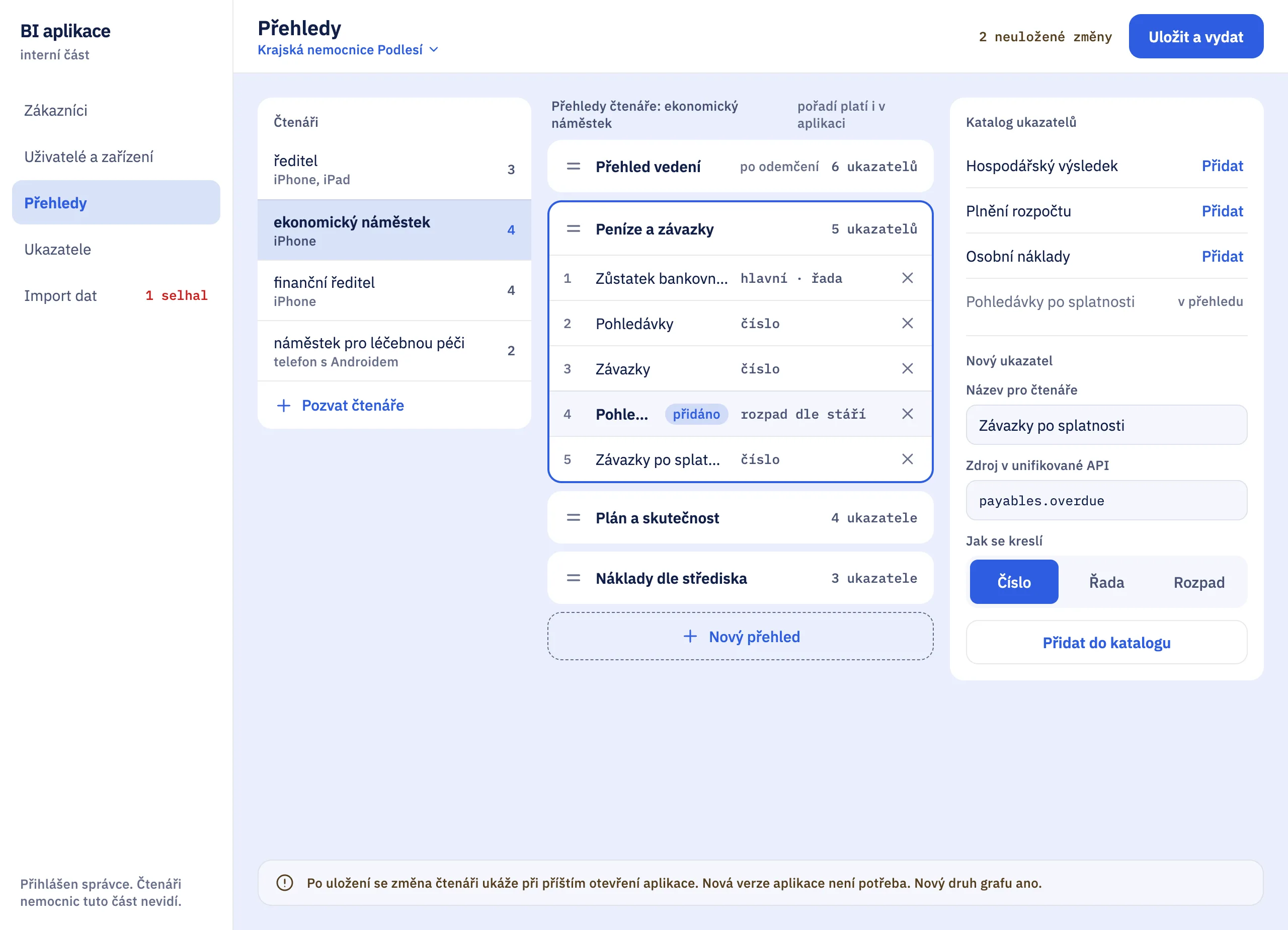 Hospital management system: the internal part with dashboards (sample data)